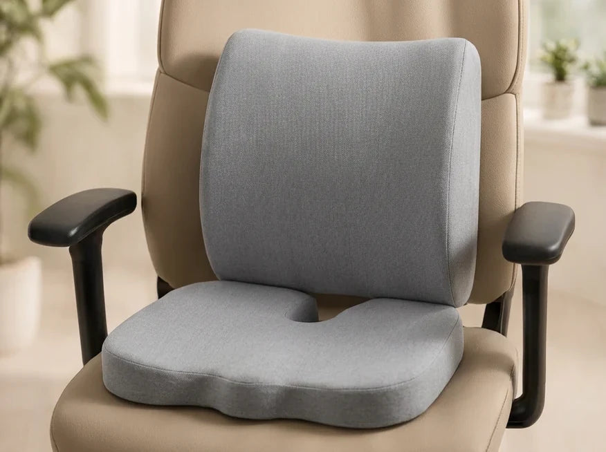 Grey cushion and lumbar pillow on an office chair
